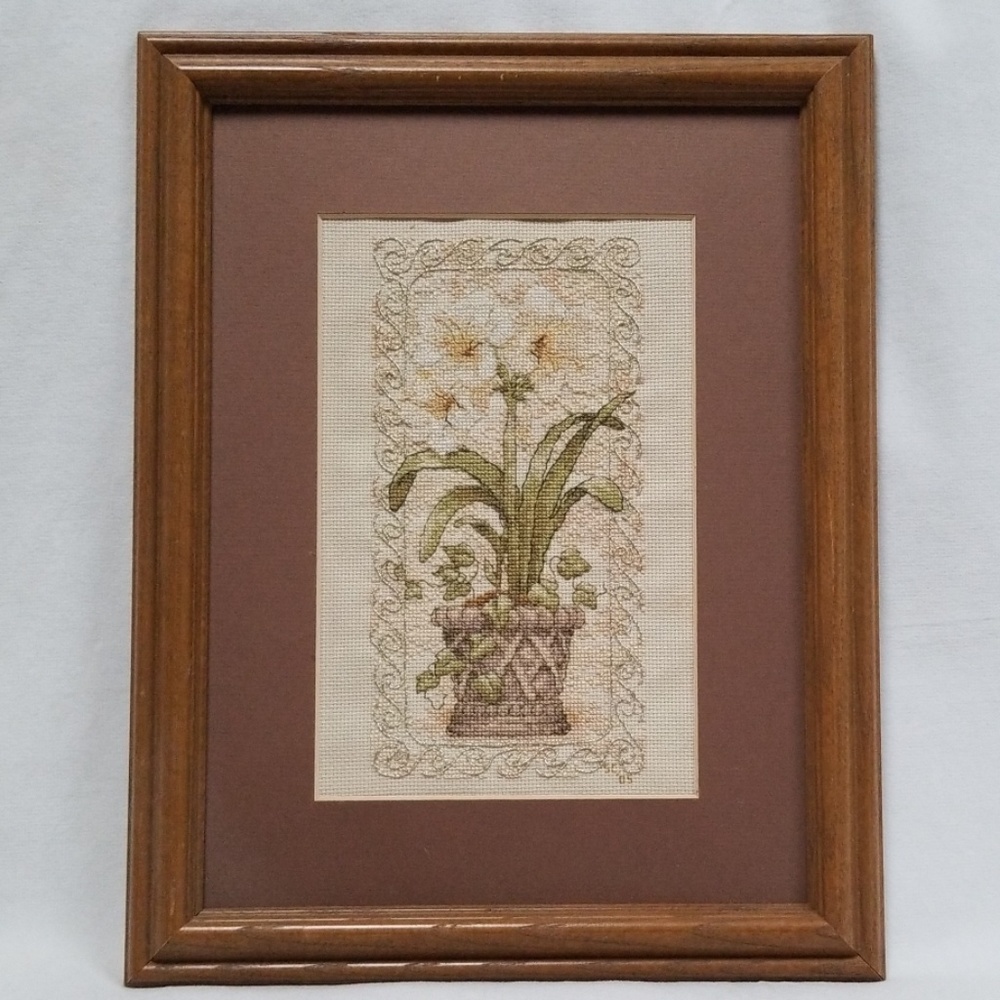 Lilies In A Pot Completed Framed Cross Stitch